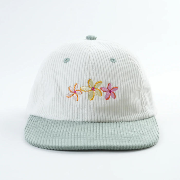Front view of Flower Bloom Hat with three embroidered flower designs
