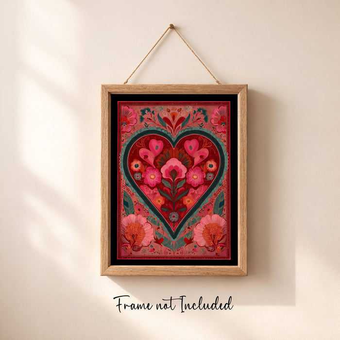 Folk art heart mini print styled on a desk - colourful wall decor made in Australia
