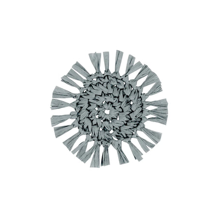 Fringe grey round paper coaster with textured edge, styled on a coastal table setting