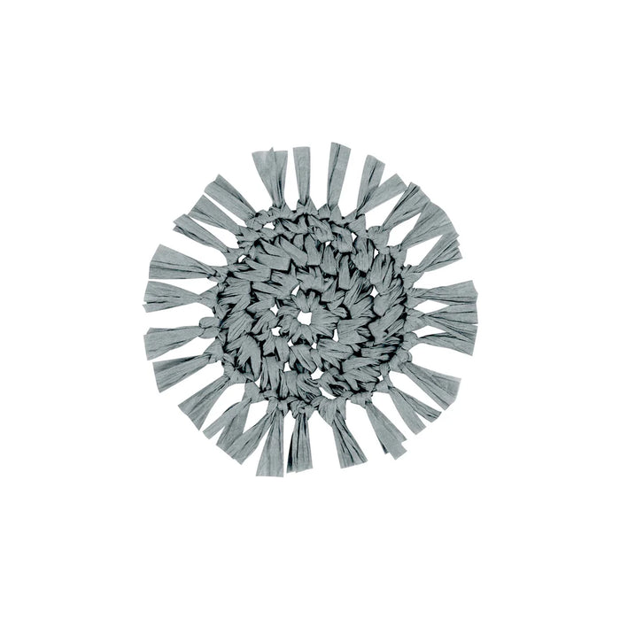 Fringe grey round paper coaster with textured edge, styled on a coastal table setting