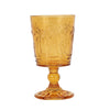 Set of 4 amber etched palm tree goblet glasses styled for summer entertaining
