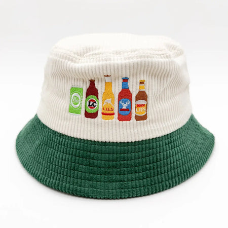 Great Aussie Beer corduroy bucket hat with five embroidered beer-inspired designs
