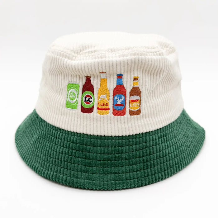Great Aussie Beer corduroy bucket hat with five embroidered beer-inspired designs
