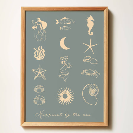 Happiest By The Sea coastal art print in blue-grey and beige by Travel and Tide, printed in Australia