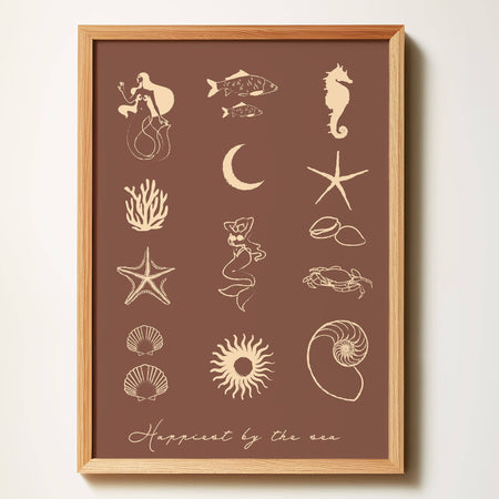 Happiest By The Sea coastal art print in chocolate and beige by Travel and Tide, printed in Australia
