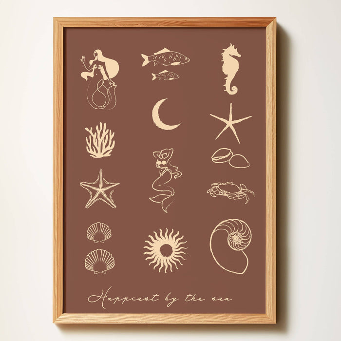 Happiest By The Sea coastal art print in chocolate and beige by Travel and Tide, printed in Australia
