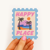 Happy Place retro beach scene vinyl sticker with palm trees and pastel skies — waterproof coastal decal by Daydream Prints
