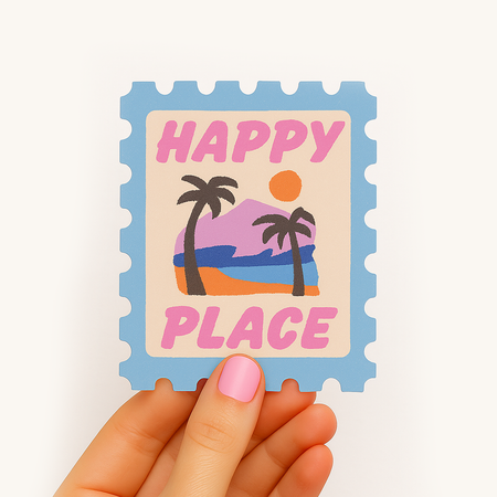 Happy Place retro beach scene vinyl sticker with palm trees and pastel skies — waterproof coastal decal by Daydream Prints
