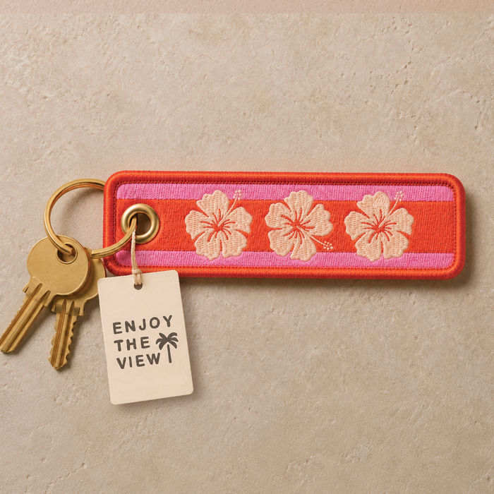 Hibiscus embroidered keyring in bold coastal colours with gold-tone split ring - designed in Australia
