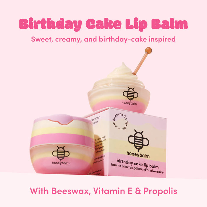 Honeybalm birthday cake lip balm open showing texture - beeswax propolis and vitamin E formula
