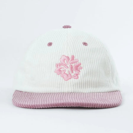 Island Bloom pink corduroy hat with embroidered hibiscus design
