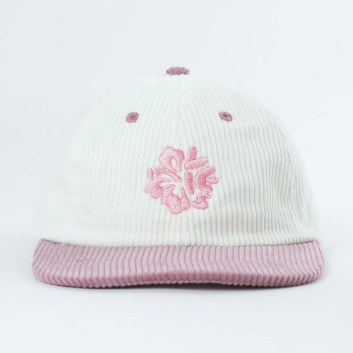Island Bloom pink corduroy hat with embroidered hibiscus design
