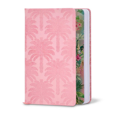 Tiki Palm journal open showing smooth lined pages and ribbon bookmark
