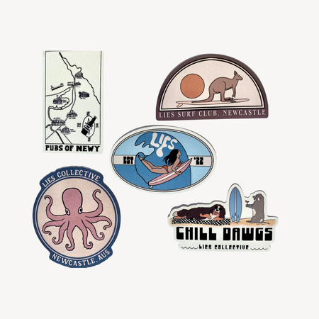 Lies Sticker Pack 2.0 vinyl stickers for surfboards, laptops, phone cases and travel gear
