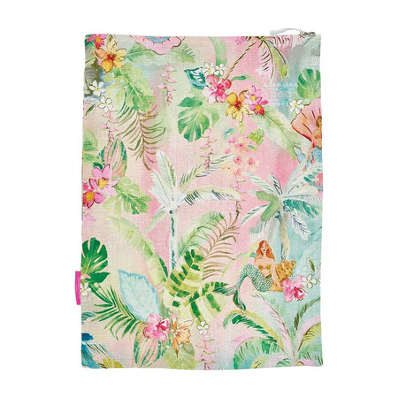 Close-up of Tiki print on linen and cotton laundry bag - 55% linen 45% cotton
