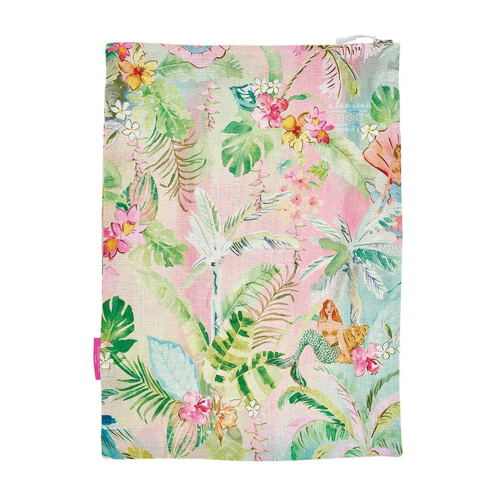 Close-up of Tiki print on linen and cotton laundry bag - 55% linen 45% cotton
