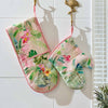 Tiki print linen oven mitt in use in kitchen - Australian made cooking accessory
