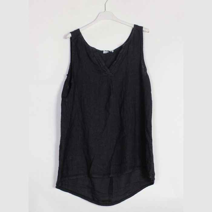 100% linen tank top in charcoal grey with notched V-neck and front pleat on hanger
