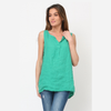 100% linen tank top in green with notched V-neck and front pleat worn by model
