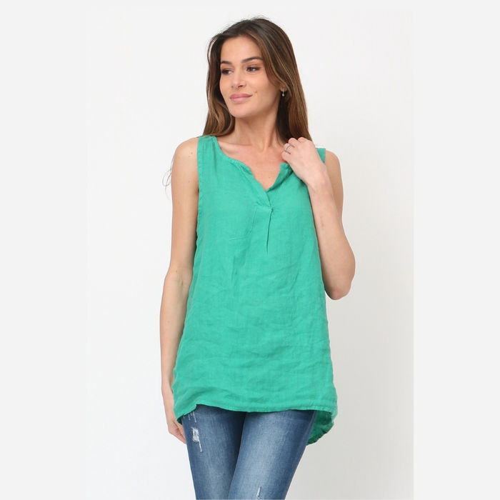 100% linen tank top in green with notched V-neck and front pleat worn by model

