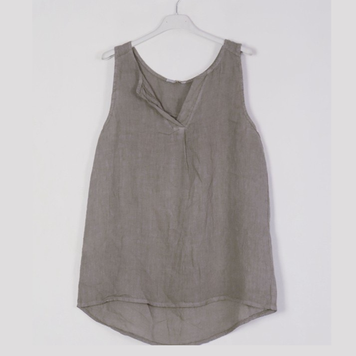 100% linen tank top in taupe with notched V-neck and front pleat on hanger
