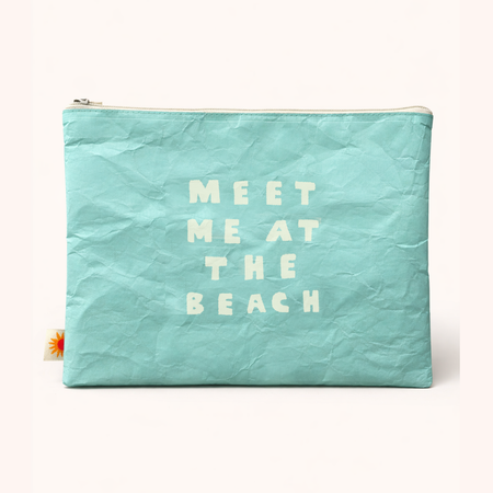 Meet Me at the Beach sand-proof Tyvek zip pouch — lightweight beach bag for phones, keys and essentials
