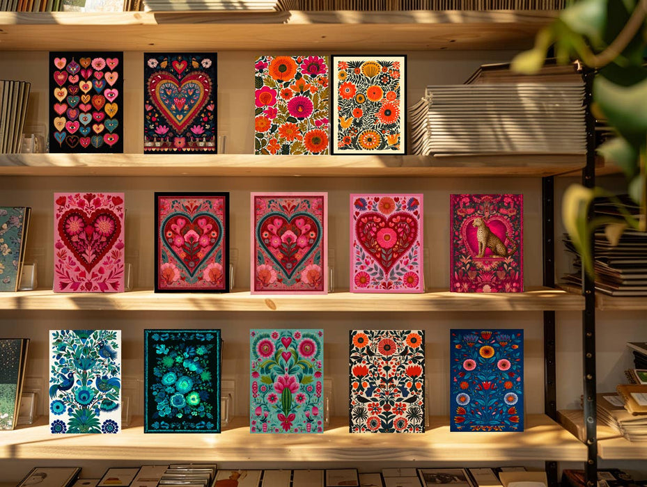 Mexican folk art heart print in clear cello sleeve with backing board - gift ready packaging
