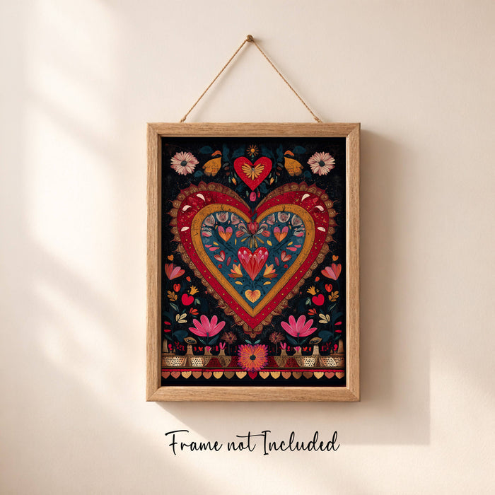 Mexican folk art heart print in clear cello sleeve with backing board - gift ready packaging
