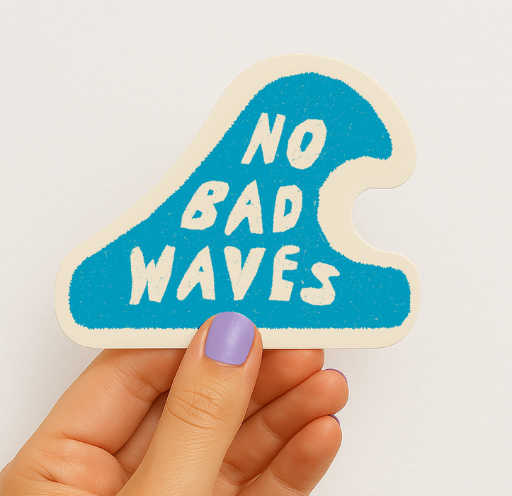 No Bad Waves retro surf vinyl sticker in bright blue with bold off-white wave lettering — waterproof coastal decal by Daydream Prints
