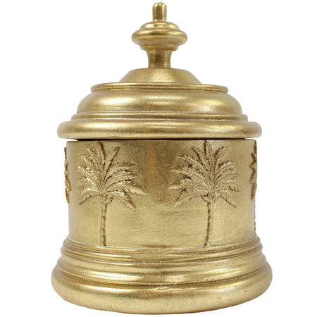Gold resin palm tree canister with domed lid and embossed palm motif on white background
