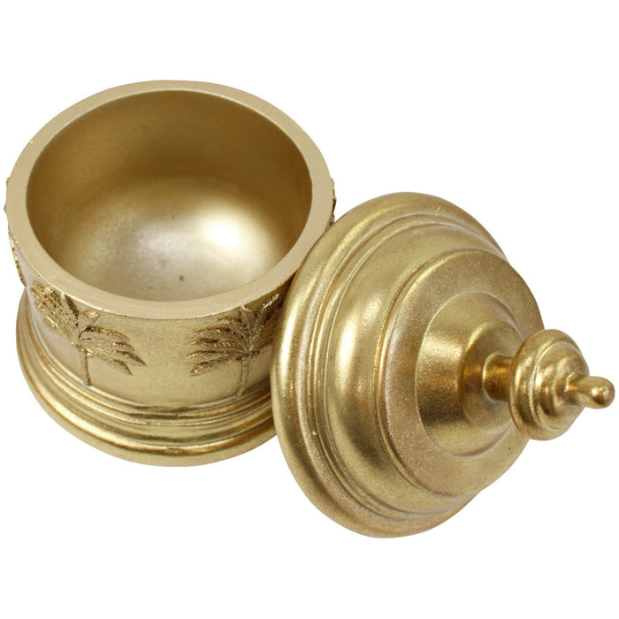 Gold resin palm canister with lid removed showing hollow interior and embossed palm tree detail
