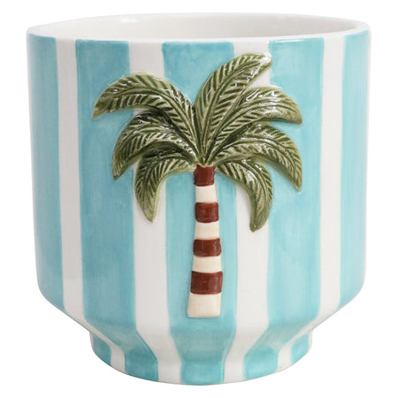 Palm stripe dolomite planter with blue and white stripes and raised 3D palm tree detail — Travel and Tide