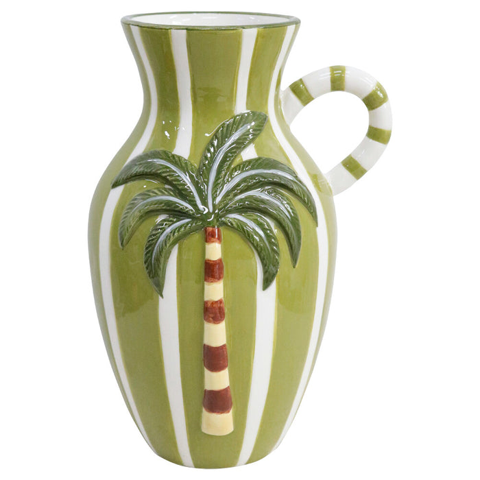 Hand-painted palm stripe dolomite vase with green stripes and palm motif — Travel and Tide