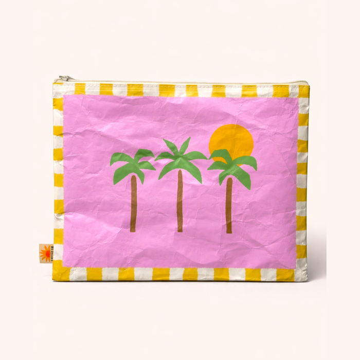 Palm tree sand-proof Tyvek beach pouch — lightweight 12" zip bag for phones, keys and beach essentials
