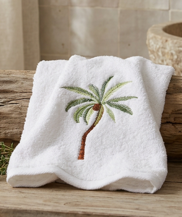White embroidered palm tree hand towel draped over driftwood in coastal bathroom setting
