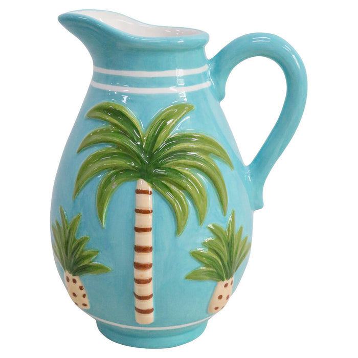 Hand-painted turquoise palms jug in glossy dolomite with coastal palm tree design — Travel and Tide
