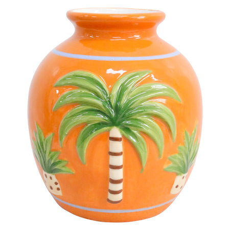 Hand-painted orange palms vase in glossy dolomite with tropical palm tree motifs — Travel and Tide