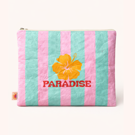 Paradise sand-proof Tyvek beach pouch with bold stripes and tropical hibiscus detail — lightweight 12" zip bag by Daydream Prints
