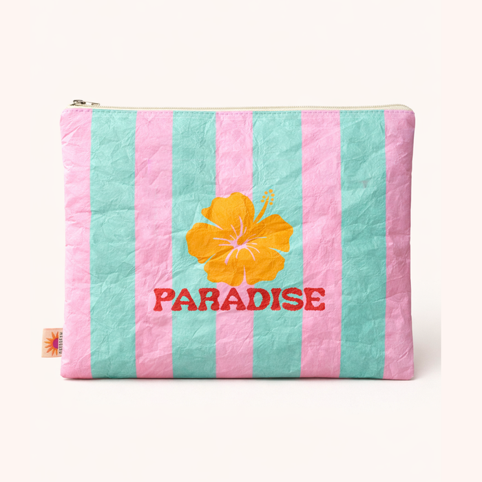 Paradise sand-proof Tyvek beach pouch with bold stripes and tropical hibiscus detail — lightweight 12" zip bag by Daydream Prints
