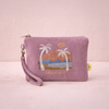 Paradise embroidered corduroy wristlet zip pouch in mauve with palm tree, wave and sunset design and detachable strap
