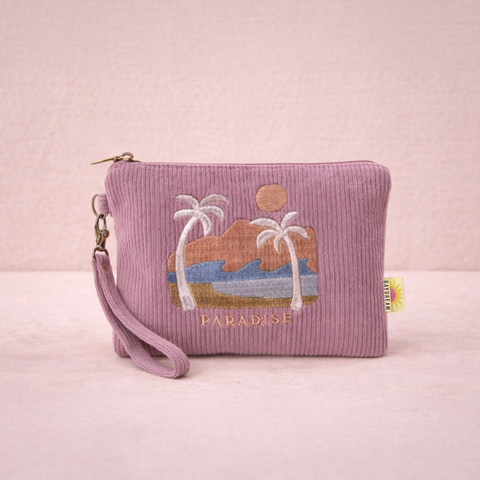 Paradise embroidered corduroy wristlet zip pouch in mauve with palm tree, wave and sunset design and detachable strap
