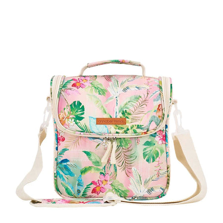 Front view of insulated picnic lunch bag in Tiki Island tropical print with rattan side detail
