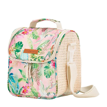 Side view of Tiki Island picnic lunch bag showing natural rattan panel and adjustable cotton shoulder strap

