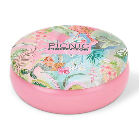 Picnic Protector citronella candle in Tiki Island decorative tin with fitted lid

