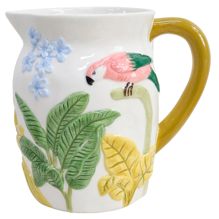 Hand-painted pretty parrot jug in glossy dolomite with pink green and blue floral detail — Travel and Tide