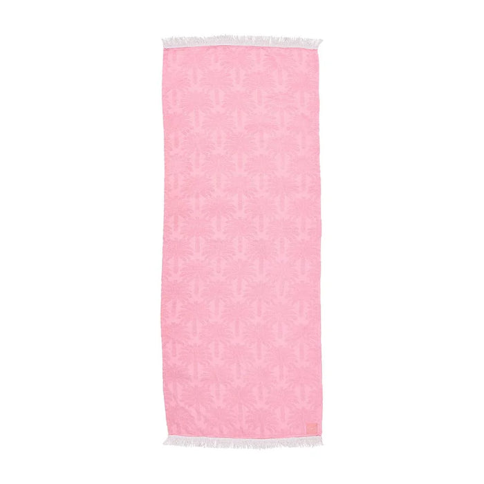 Resort Towel Pink Palm - 100% cotton terry with tonal palm jacquard and white fringe trim
