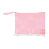 Resort Wet Pouch Pink Palm - cotton terry with waterproof PVC lining and white fringe trim
