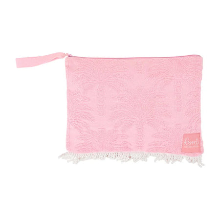 Resort Wet Pouch Pink Palm - cotton terry with waterproof PVC lining and white fringe trim
