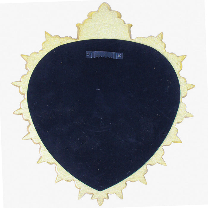 Back view of gold sacred heart wall mirror showing velvet backing and wall-hanging bracket
