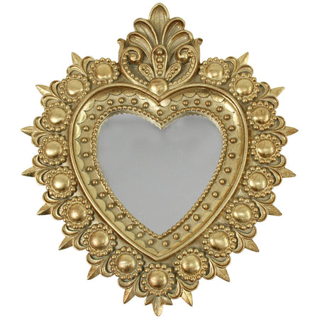 Gold baroque resin sacred heart wall mirror with ornate beaded surround and convex mirror insert on white background
